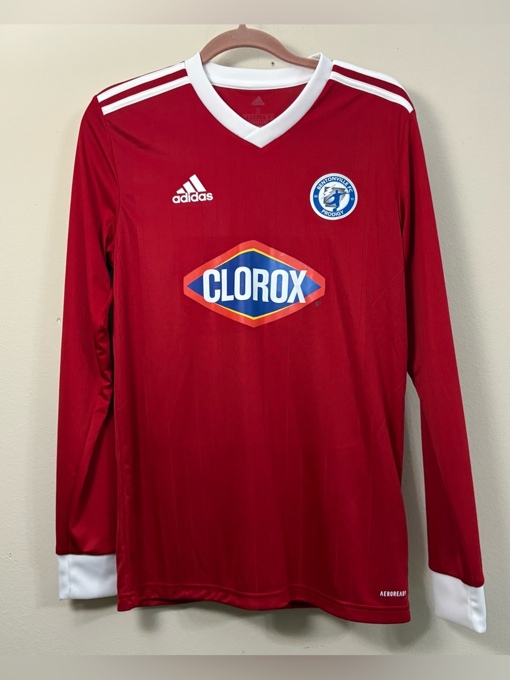 Adidas Red Soccer Jersey men’s S long sleeve Clorox shine solar #10 octagon NWT